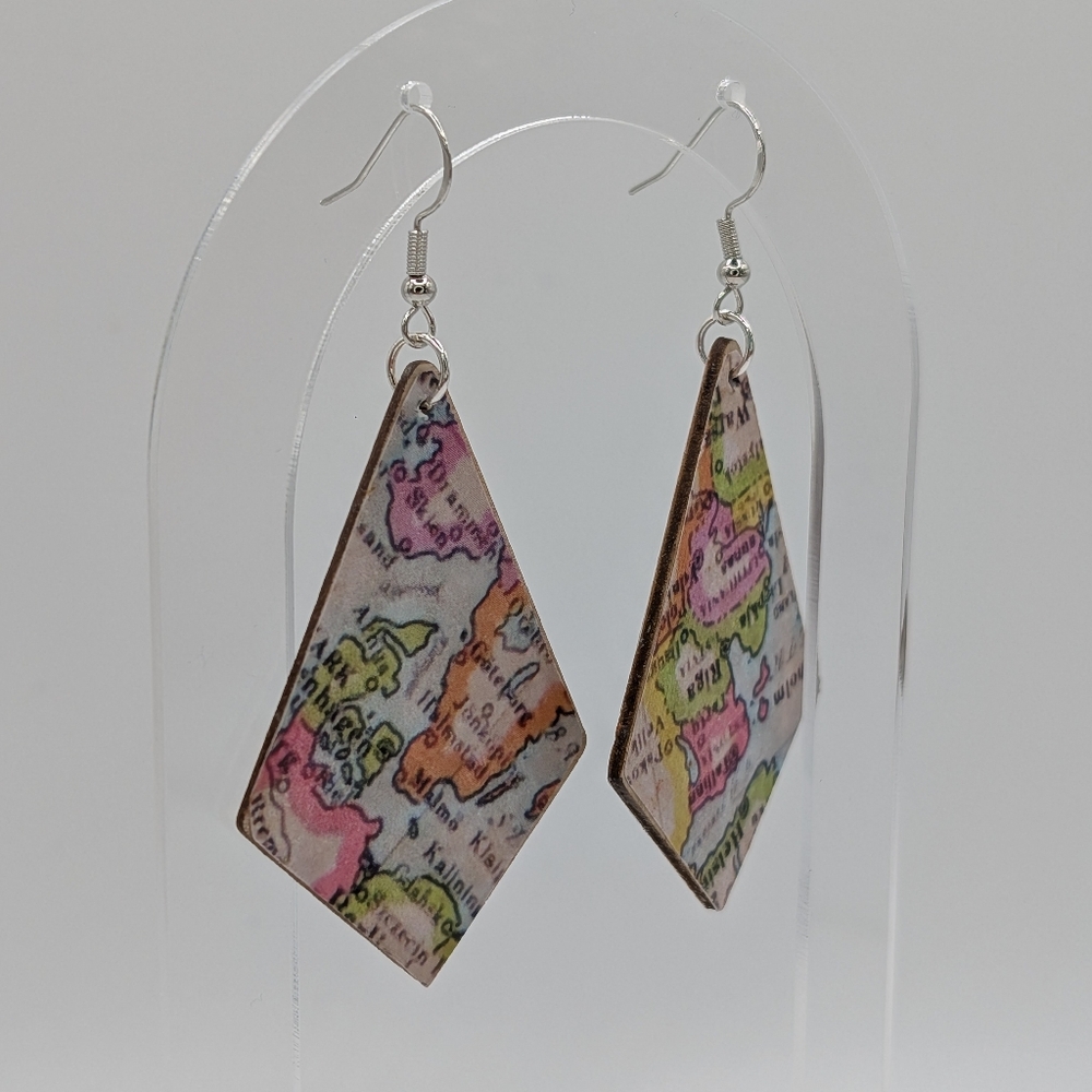 Handmade Map Print Earrings, Decoupaged on Wood - Picture 5 of 7